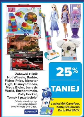 Zabawki z linii Hot Wheels, Barbie, Fisher-Price, Monster High, Disney Princes, Mega Bloks, Jurrasic World, Enchantimals, Polly Pocket, Tomek i przyjaciele promocja w Carrefour