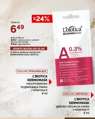 Maseczka do twarzy L'biotica Dermomask natychmiastowo wygładzająca z witaminą A promocja w Ziko Dermo