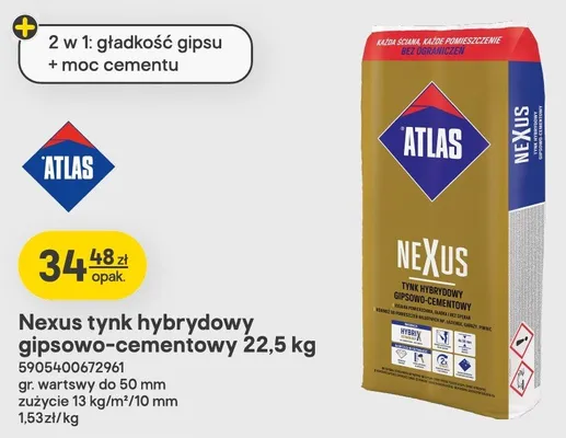 Tynk hybrydowy gipsowo-cementowy Atlas Nexus promocja w Castorama