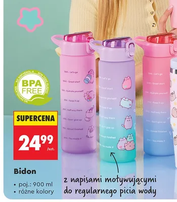 Bidon z napisami motywującymi do regularnego picia wody Pusheen promocja w Biedronka
