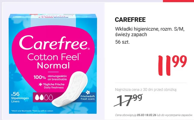 Wkładki higieniczne, rozm. S/M, świeży zapach promocja w Rossmann