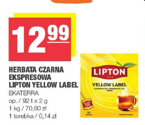 Herbata czarna ekspresowa Lipton Yellow Label 92-pak promocja w SPAR