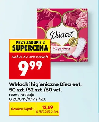 Wkładki higieniczne Discreet 60 szt. promocja w Biedronka