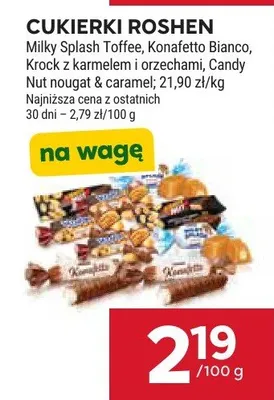 Cukierki Milky Splash Toffee, Konafetto Bianco, Krock z karmelem i orzechami, Candy Nut nougat & caramel promocja w Stokrotka
