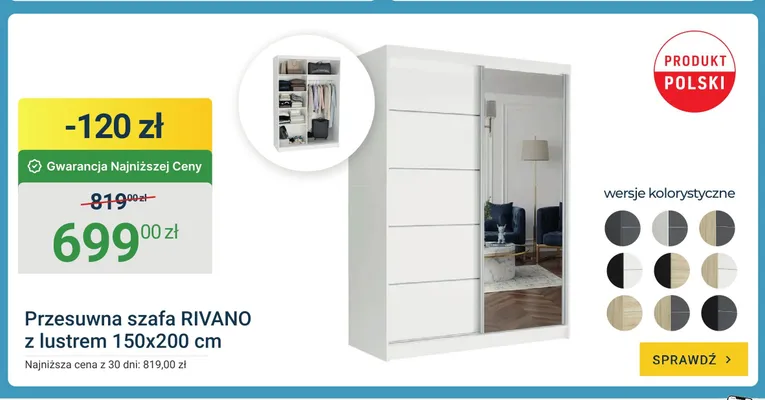 Przesuwna szafa RIVANO z lustrem 150x200cm promocja w ERLI