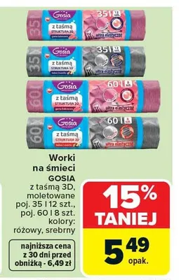 Worki na śmieci Gosia z taśmą struktura 3D moletowane różowy pojemność 60l promocja w Carrefour