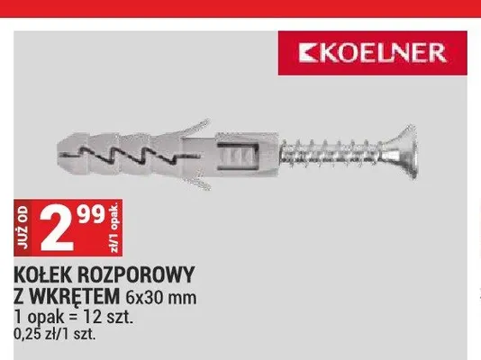Kołek rozporowy z wkrętem Koelner 6x30 mm promocja w Merkury Market