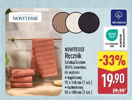 Ręcznik łazienkowy Novitesse 2-pak 50x100 cm promocja w Aldi