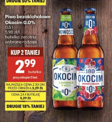 Piwo bezalkoholowe Okocim 0,0% Granat z Maliną promocja w Delikatesy Centrum