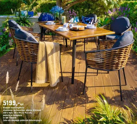 Komplet mebli Highbury aluminium, technorattan, akacja, 6 krzeseł, stół o wym. 210 x 94,5 x 74,5 cm, poduchy w komplecie promocja w OBI