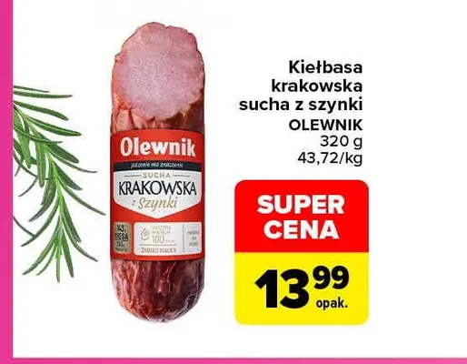 Kiełbasa krakowska sucha z szynki Olewnik promocja w Carrefour