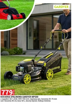 Kosiarka spalinowa Gardyer MP500 z napędem 3in1 silnik OHV 150cm3 regulacja wys. koszenia 25-75mm szer. koszenia 46cm kosz 50l boczny wyrzut funkcja mielenia promocja w Merkury Market
