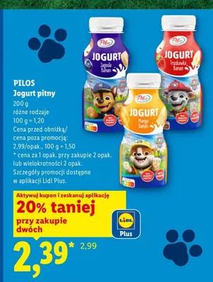 Jogurt pitny Pilos truskawka banan promocja w Lidl