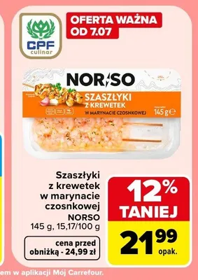 Szaszłyki z krewetek w marynacie czosnkowej Norso promocja w Carrefour Market