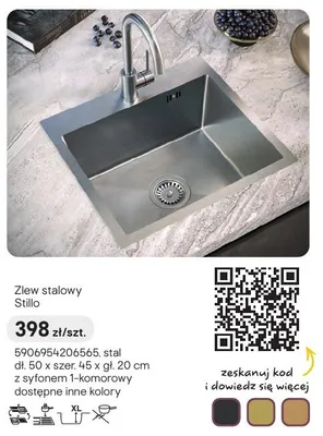 Zlew stalowy Stillo stal 50x45x20cm z syfonem 1-komorowy promocja w Castorama
