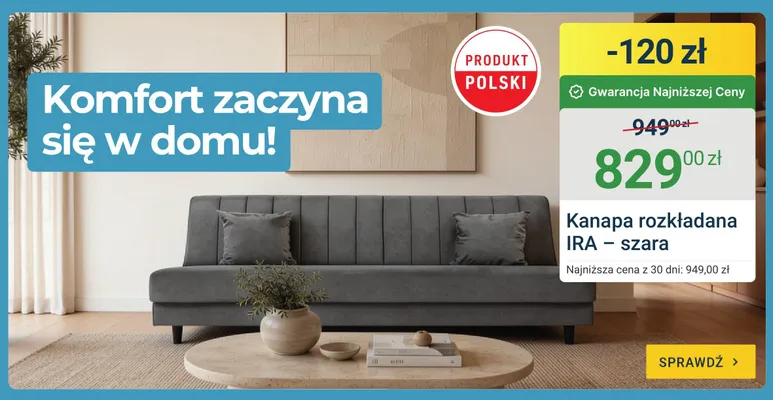 Kanapa rozkładana IRA szara promocja w ERLI