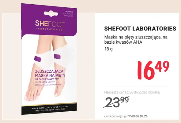 Maska na pięty złuszczająca na bazie kwasów AHA SheFoot Laboratories promocja w Rossmann