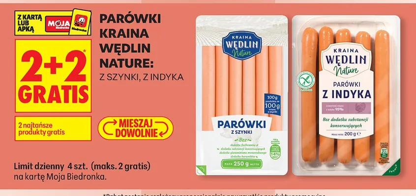 Parówki z szynki lub z indyka 2+2 GRATIS promocja w Biedronka