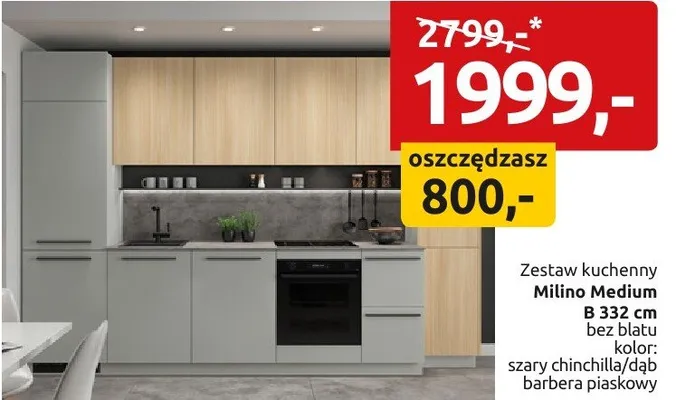 Zestaw kuchenny Milino Medium B 332cm bez blatu kolor szary chinchilla/dąb barbera piaskowy promocja w Black Red White
