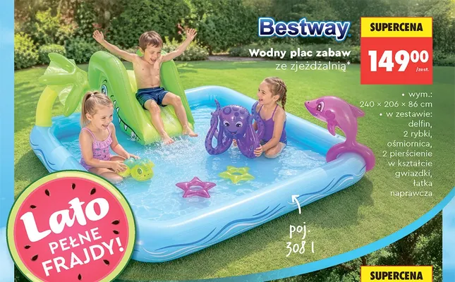 Wodny plac zabaw ze zjeżdżalnią Bestway 240x206x86cm promocja w Biedronka