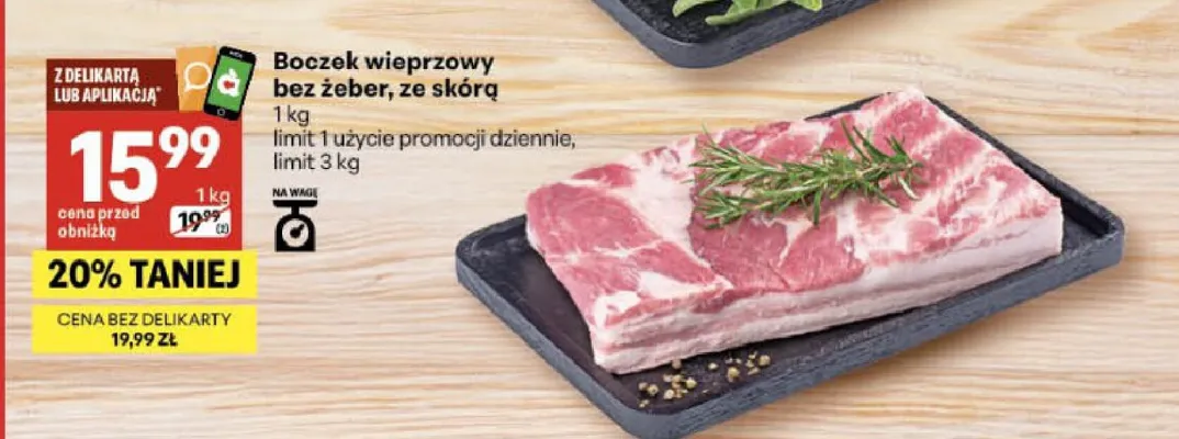 Boczek wieprzowy bez żeber ze skórą promocja w Delikatesy Centrum