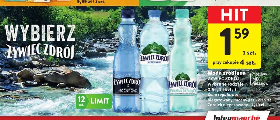 Woda źródlana Żywiec Zdrój Mocny Gaz promocja w Intermarche