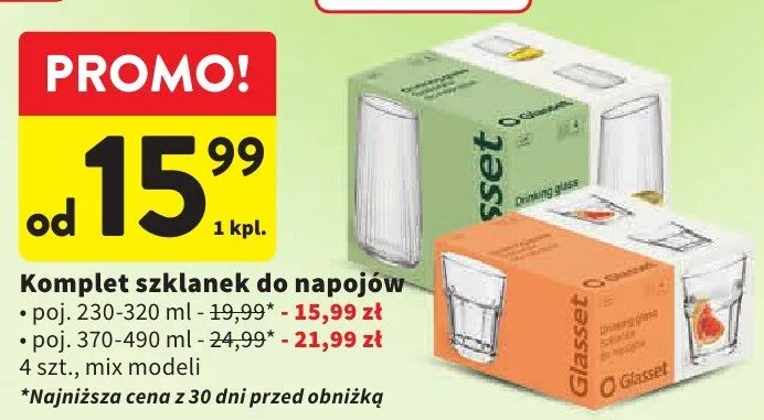 Komplet szklanek do napojów 4 szt., mix modeli promocja w Intermarche