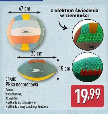 Piłka neoprenowa do siatki plażowej Crane 47cm z efektem świecenia w ciemności promocja w Aldi
