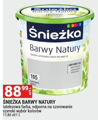 Farba Śnieżka barwy natury lateksowa farba, odporna na szorowanie szeroki wybór kolorów promocja w Merkury Market