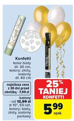 Konfetti kolor biały dł. 30 cm, kolor srebrny, dł. 12 cm, balony od dł. 12 cm ø 10", 50 szt. kolory: biały, złoty, srebrny, perłowy promocja w Carrefour