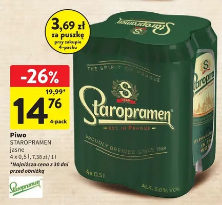 Piwo Staropramen jasne 4-pack promocja w Intermarche