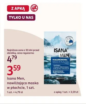Nawilżająca maska w płachcie Isana Men Hialuronowa promocja w Rossmann