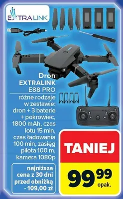 Dron E88 Pro różne rodzaje w zestawie: dron + 3 baterie + pokrowiec, 1800 mAh, czas lotu 15 min, czas ładowania 100 min, zasięg pilota 100 m, kamera 1080p promocja w Carrefour