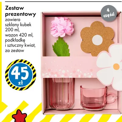 Zestaw prezentowy szklany kubek 200 ml wazon 420 ml podkładka i sztuczny kwiat promocja w Tedi