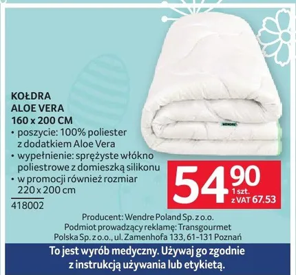Kołdra Aloe Vera 160 x 200 cm promocja w Selgros