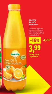Sok pomarańcza Solevita 100% promocja w Lidl