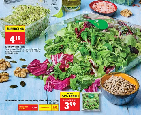 Kiełki lucerny, rzodkiewki, brokułu, słonecznika, pora, jarmużu, cebuli, 50 g stir-fry promocja w Biedronka