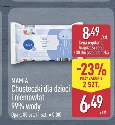 Chusteczki dla dzieci i niemowląt Mamia 99% wody promocja w Aldi