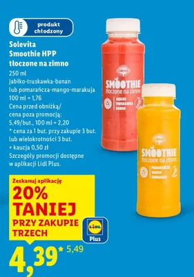 Smoothie Solevita HPP tłoczone na zimno 250 ml pomarańcza-mango-marakuja promocja w Lidl