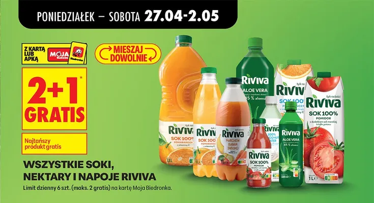 Wszystkie soki, nektary i napoje 2+1 GRATIS promocja w Biedronka