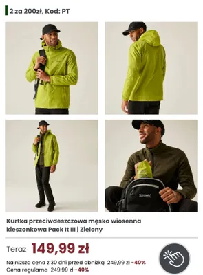 Kurtka przeciwdeszczowa męska wiosenna kieszonkowa Regatta Great Outdoors Pack It III zielona promocja w Regatta