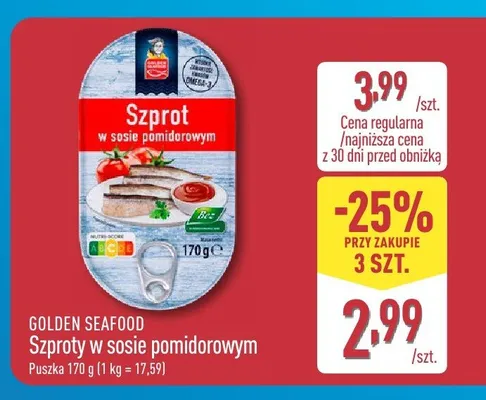 Szproty w sosie pomidorowym Golden Seafood promocja w Aldi