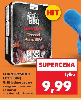 Grill jednorazowy z węglem drzewnym, podpałką i rusztem aluminiowym COUNTRYSIDE LET'S BBQ promocja w Kaufland