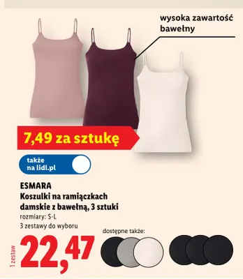 Koszulki na ramiączkach damskie z bawełną 3-pak Esmara promocja w Lidl