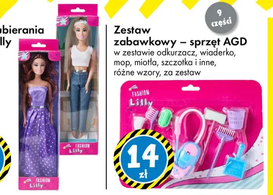 Zestaw zabawkowy - sprzęt AGD w zestawie odkurzacz, wiaderko, mop, miotła, szczotka i inne, różne wzory promocja w Tedi