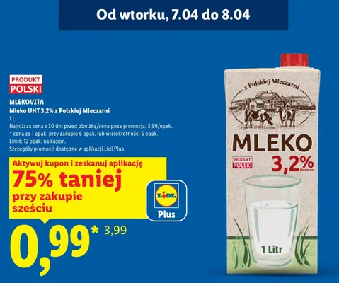 Mleko UHT 3,2% z Polskiej Mleczarni promocja w Lidl