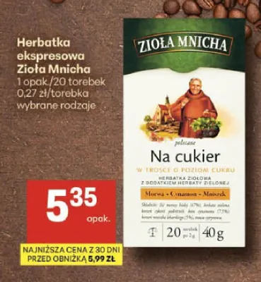 Herbatka ekspresowa Zioła Mnicha Na cukier promocja w Delikatesy Centrum