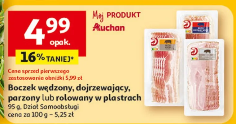 Boczek wędzony, dojrzewający, parzony lub rolowany w plastrach promocja w Auchan