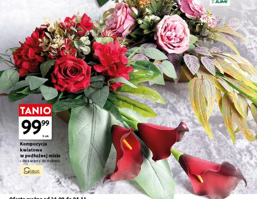 Kompozycja kwiatowa w podłużnej misie Goliat promocja w Intermarche
