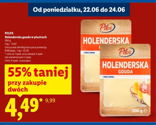 Ser Holenderska gouda w plastrach Pilos promocja w Lidl